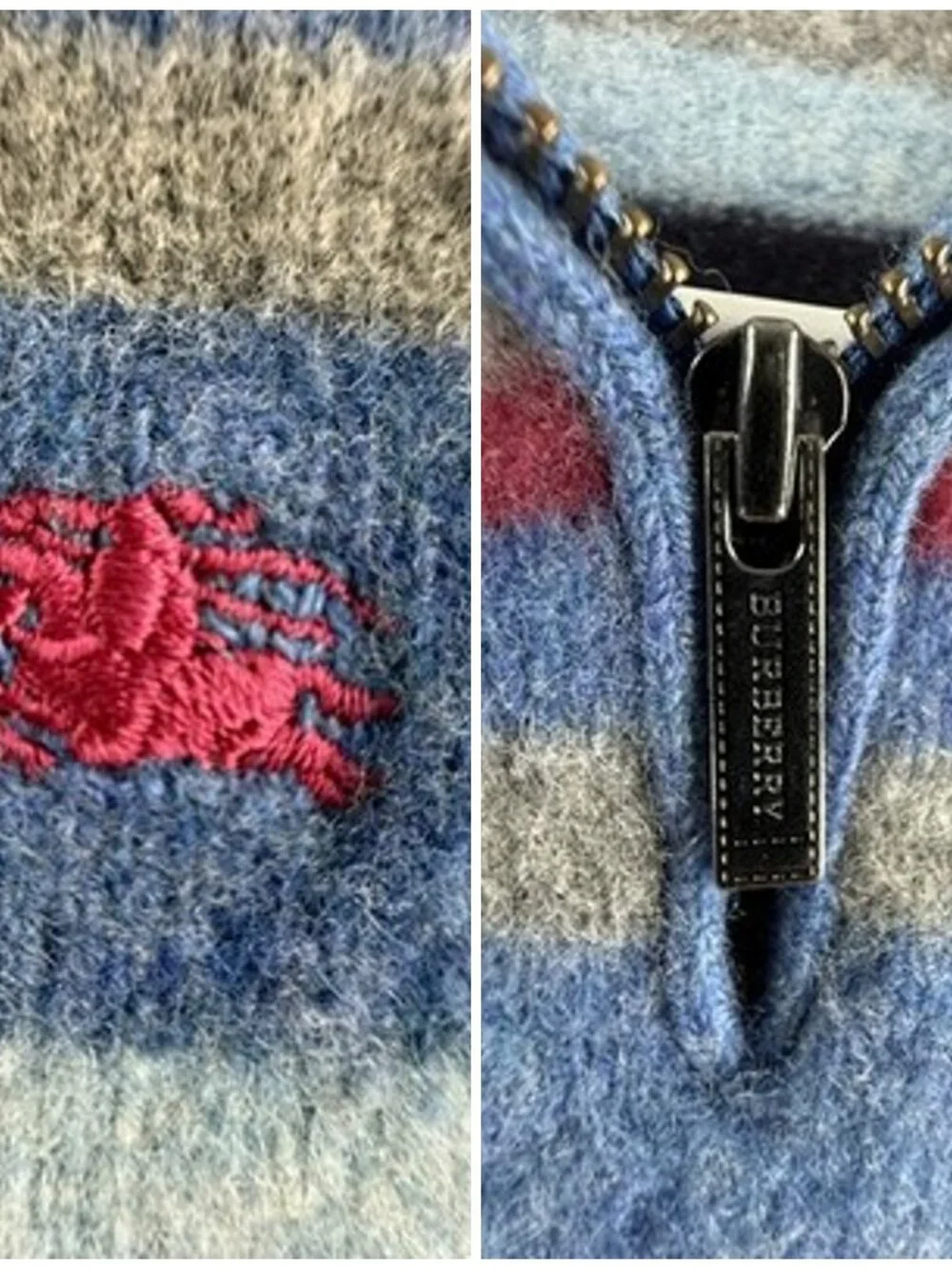 Burberry London 8 Long Sleeve Logo 1/4 Zip Striped Pullover Blue Gray Wool Mens
